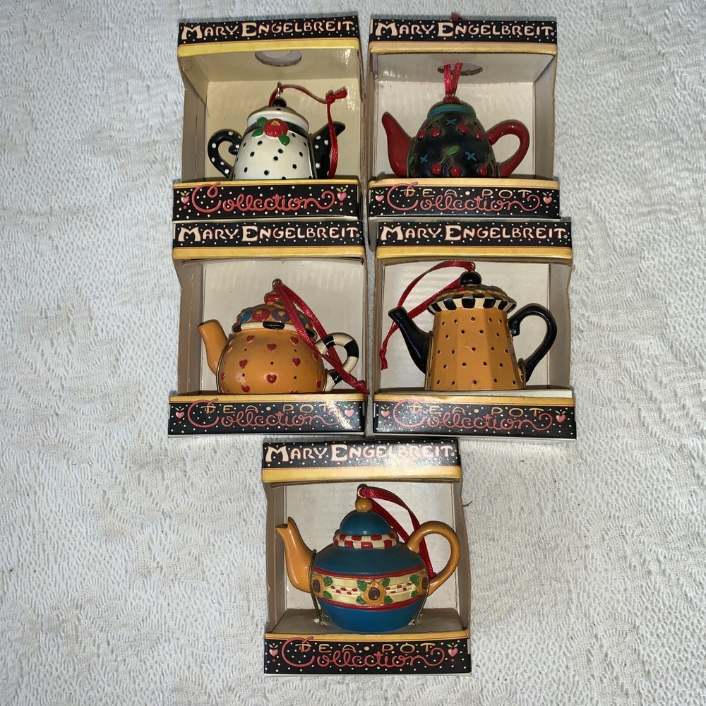 Vintage Mary Engelbreit 5 Mini Teapot Ornaments Kitchen Decor Christmas In Boxes